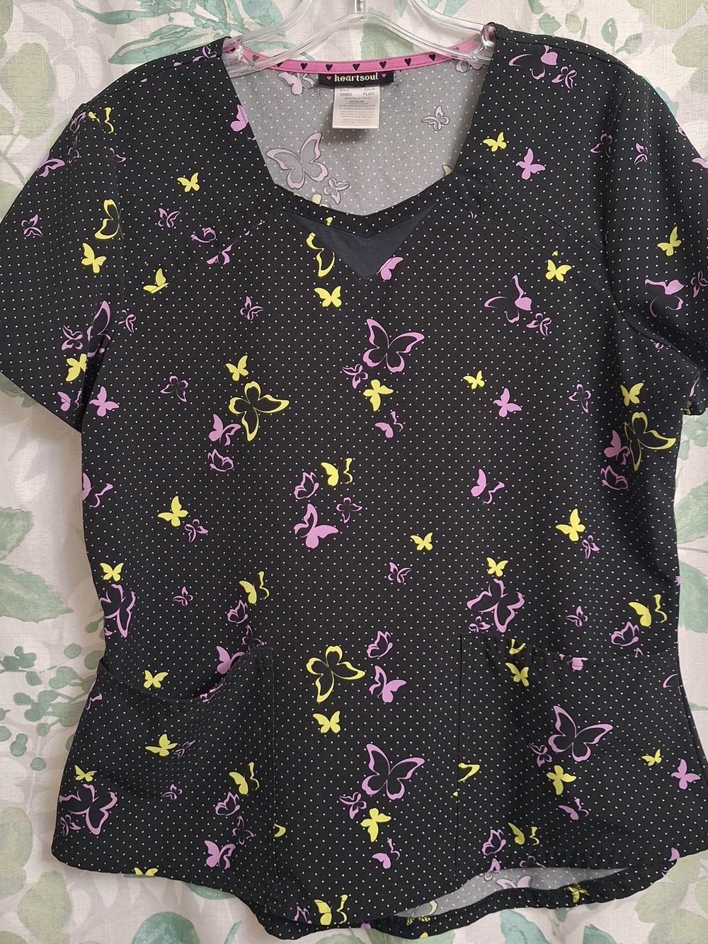 HeartSoul Black Short Sleeve Scrub Top with Pink & Yellow Butterfly Print